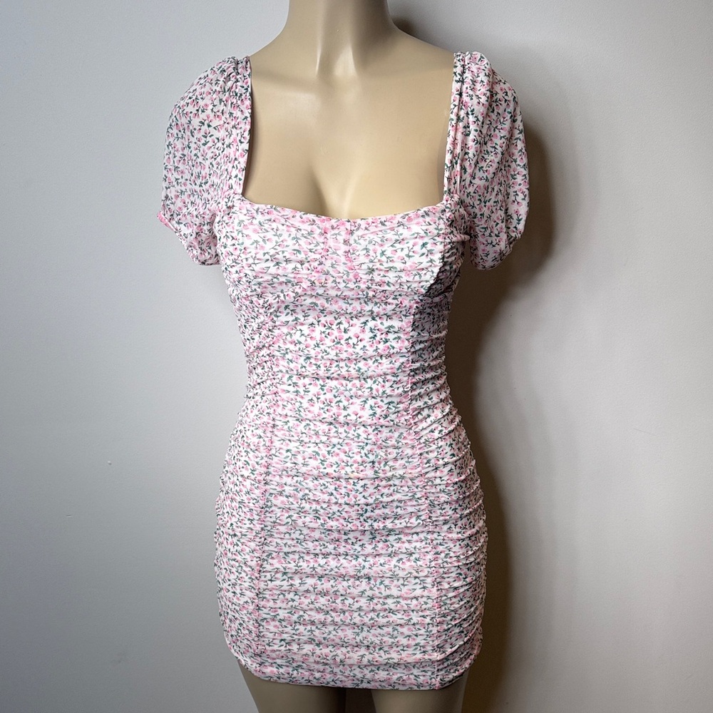 Pink Floral Ruched Mini Dress with Puff Sleeves